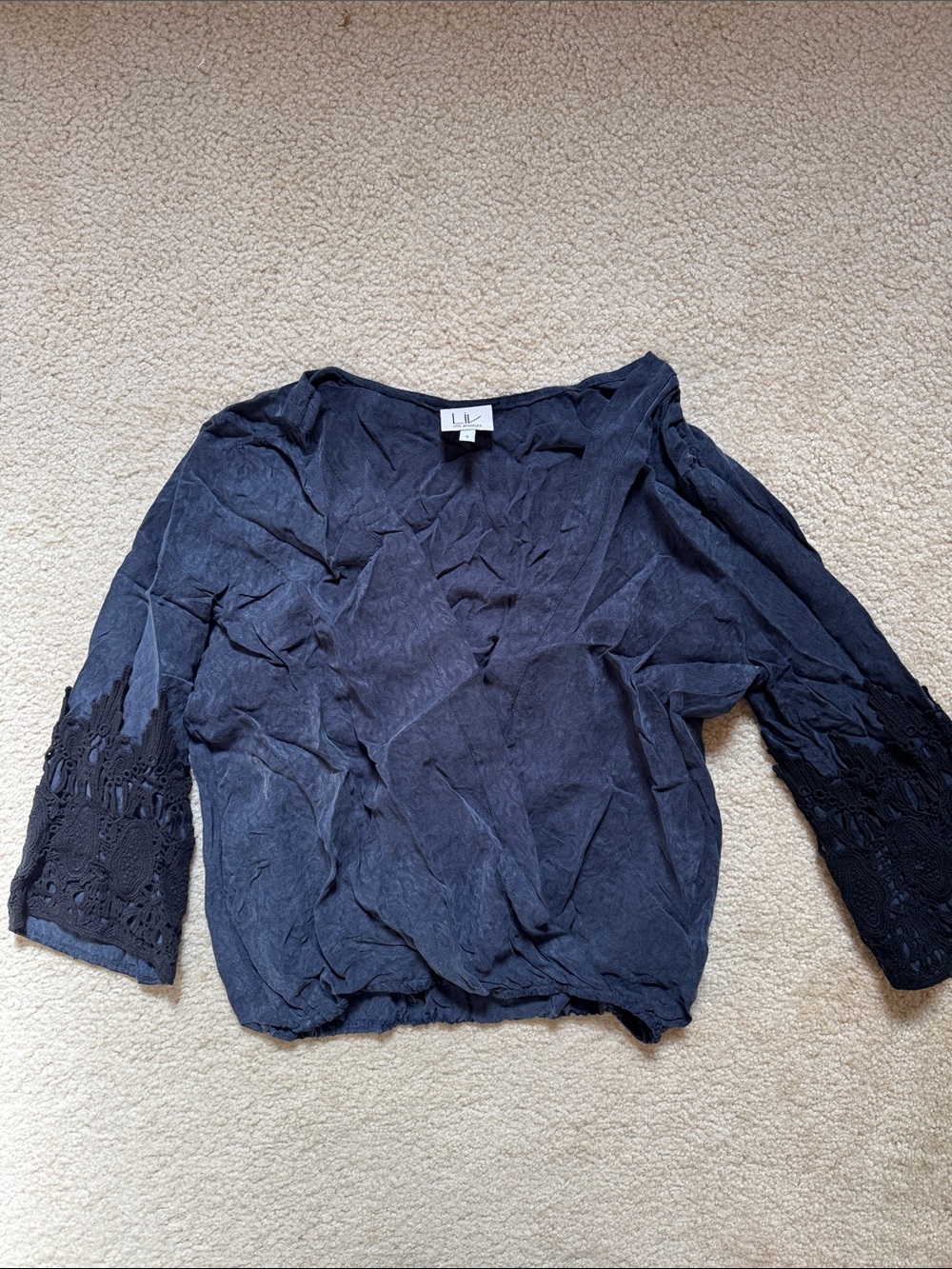 Liv Los Angeles Women's Navy V-Neck Silk Top with Black Crochet Sleeves
